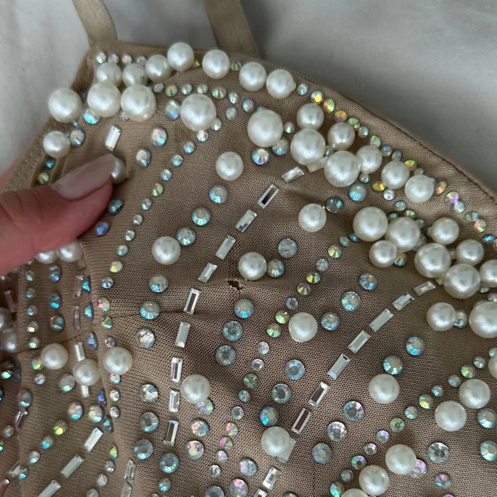 Elegant Beaded Dress in Tan - Picture 3 of 12